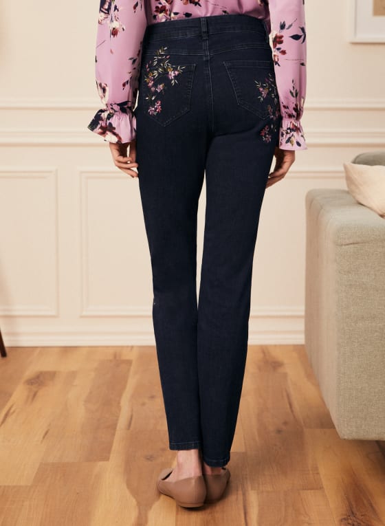 Floral Embroidered Straight Leg Jeans, Light Blue