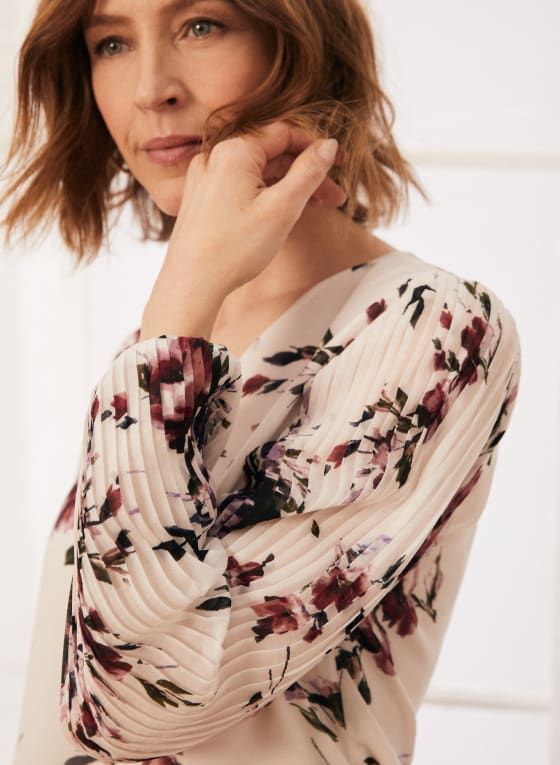 Floral Print Pleated Sleeve Blouse, White Pattern