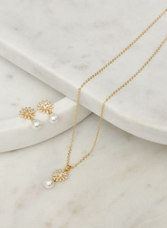 Boucles d'oreilles pendantes à fleurs, Blanc perle