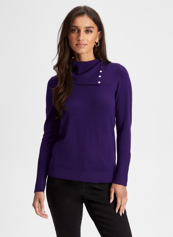 Split Neck Button Detail Sweater, Light Purple