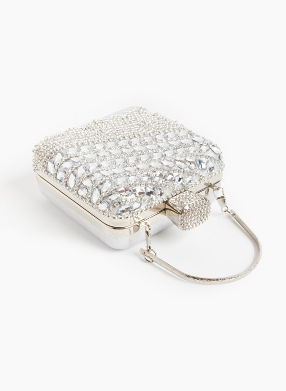 Square Crystal Cascade Clutch, Silver