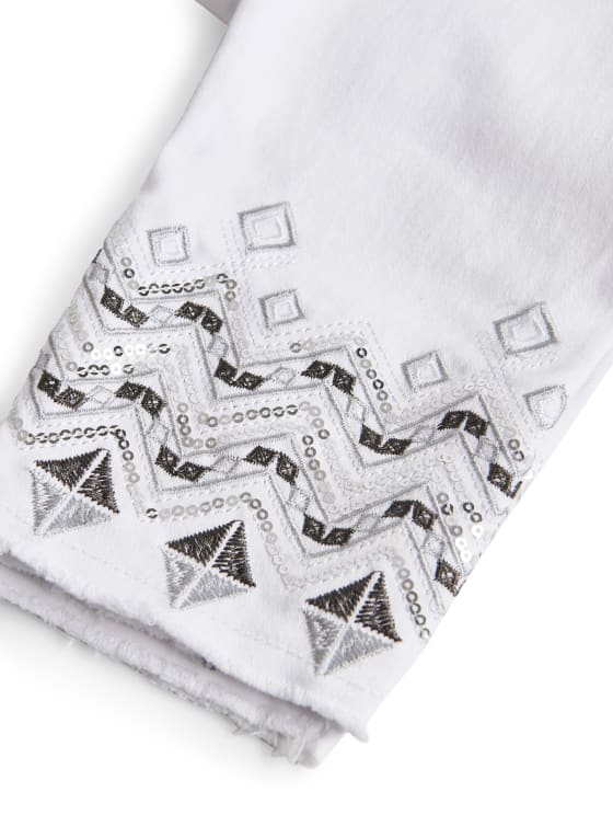 Embroidered Pull-On Denim Capris, White