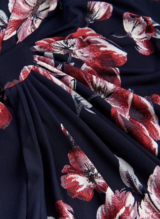 Poppy Print Wrap Detail Dress, Blue Pattern