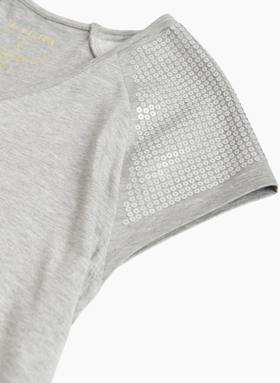 Sequin Detail V-Neck Top, Light Grey Mix