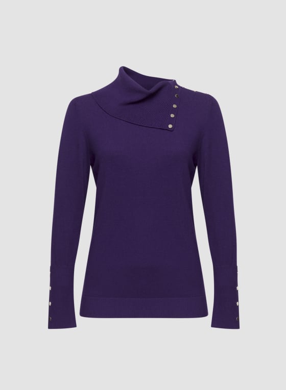 Split Neck Button Detail Sweater, Light Purple