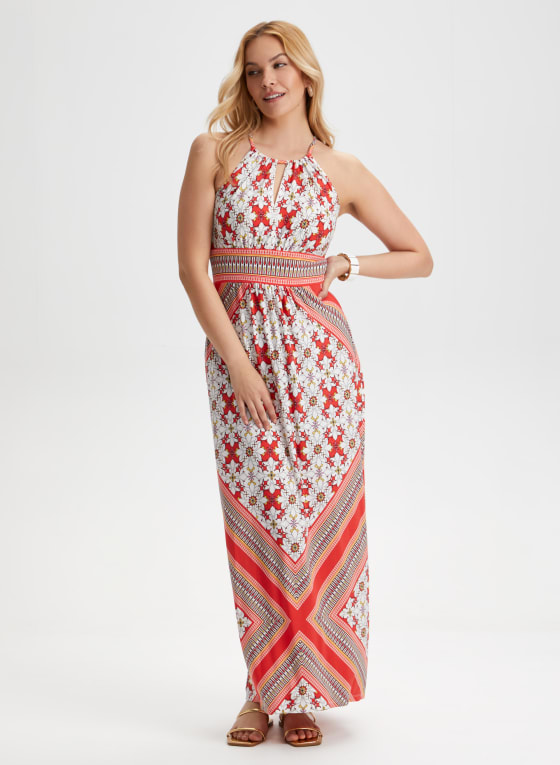 Mixed Print Maxi Dress, White Pattern