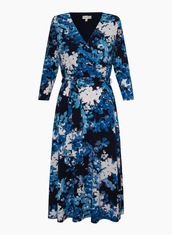 Floral Print Wrap Midi Dress, Blue Pattern