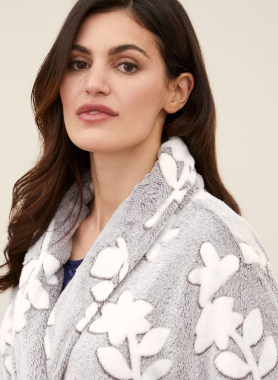 Floral Fleece Robe, Grey Pattern