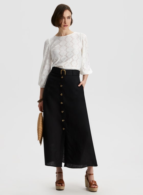 Button Front Linen-Blend Skirt, Black