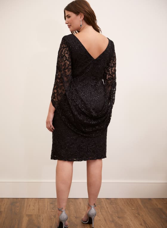 Sequin Lace Drape Back Dress, Black