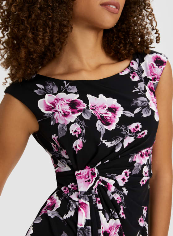 Cap Sleeve Floral Print Dress, Black Pattern