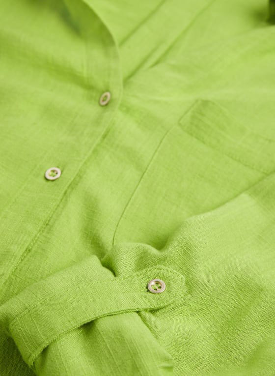 Roll-Up Sleeve Linen-Blend Blouse, Light Green