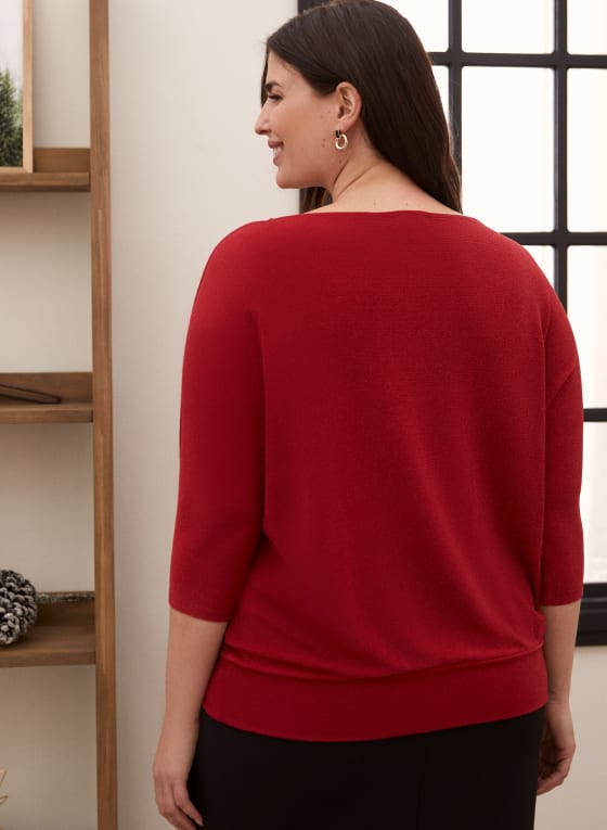 3/4 Sleeve Knit Top, Red Pattern