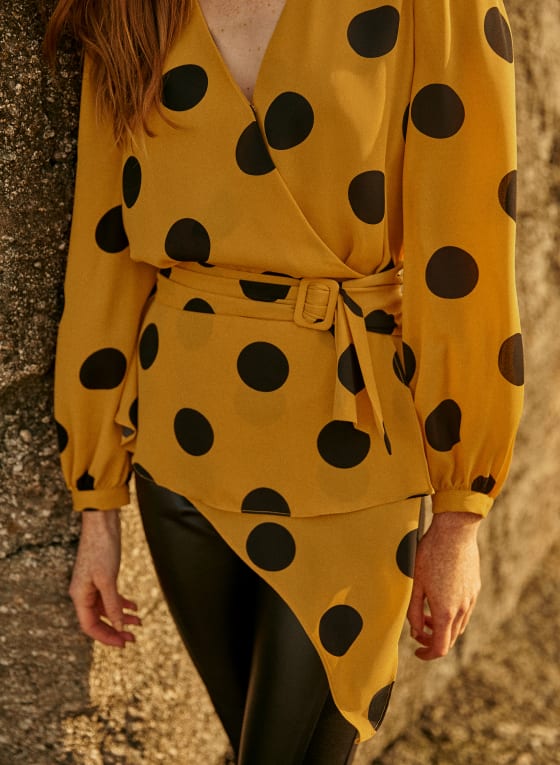 Long Sleeve Large Polka Dot Blouse, Yellow Pattern