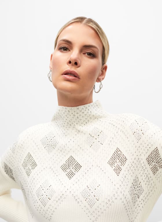 Stone Detail Funnel Neck Sweater, Panna