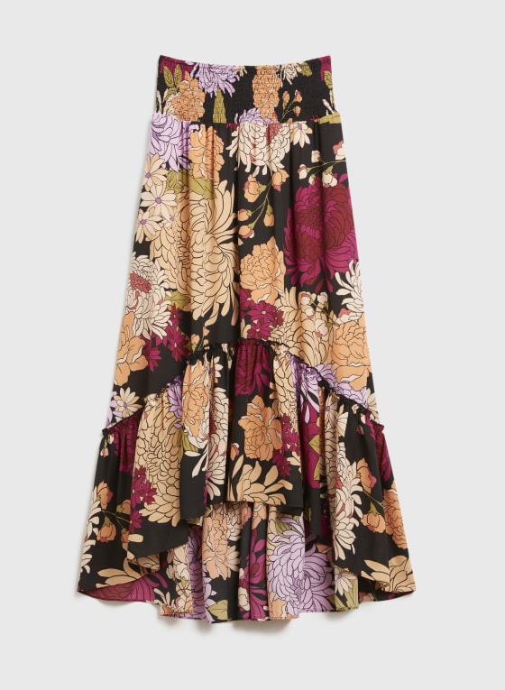 Jupe longue à taille froncée et motif floral, Multicolore
