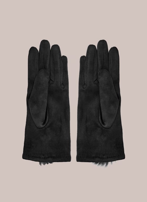 Large Pompom Faux Suede Gloves, Black