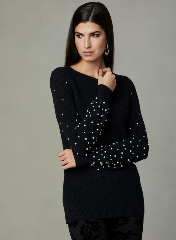Pearl Embellished Knit Sweater, Black