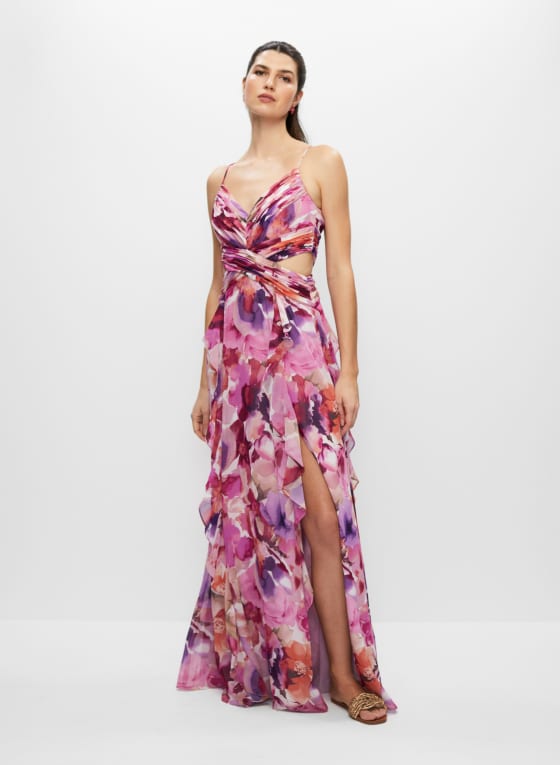 BA Nites - Floral Print Cutout Dress, Peach Pink