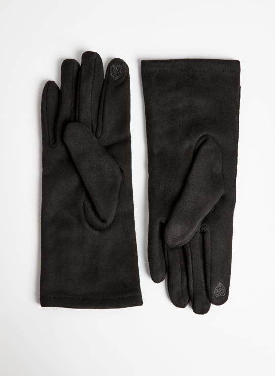 Button Detail Faux Suede Gloves, Black
