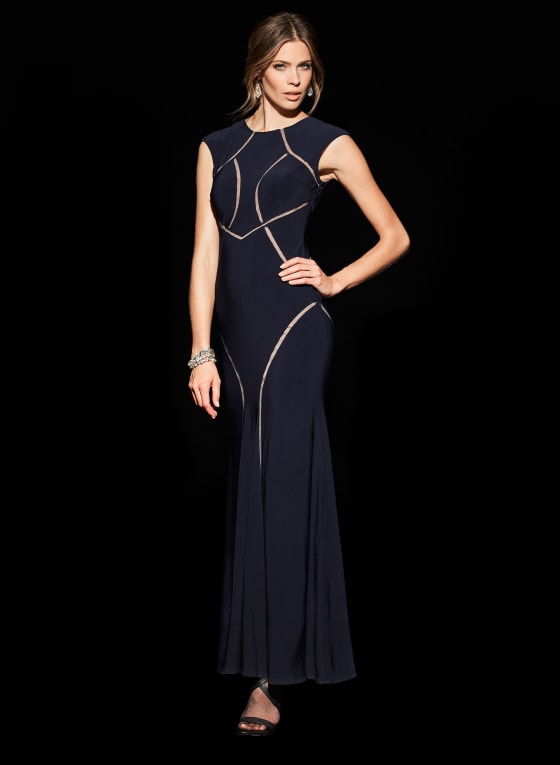 Extended Sleeve Jersey Mesh Gown, Blue