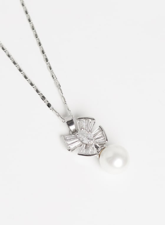Collier à pendentif baguettes de pierres et perle, Blanc perle