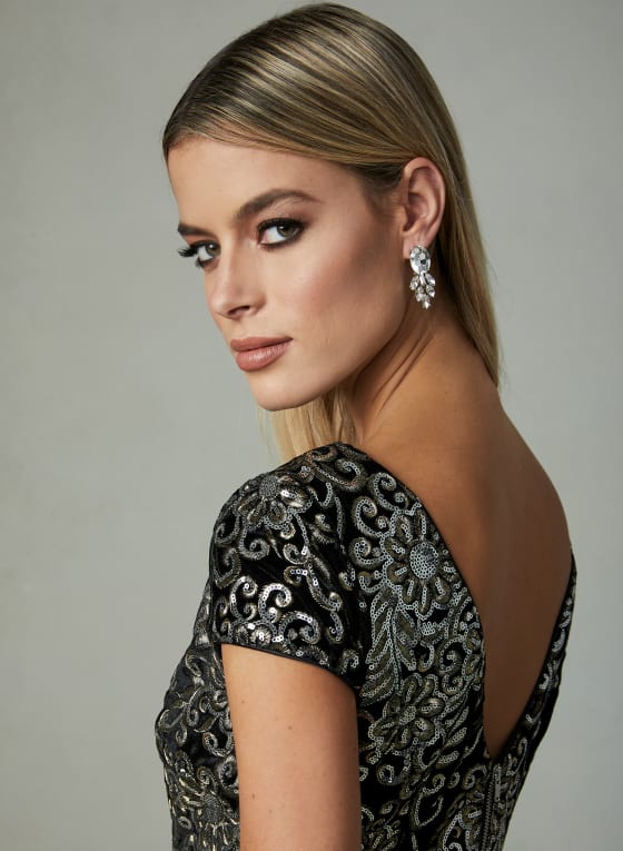 Adrianna Papell - Floral Sequin Dress, Black Pattern
