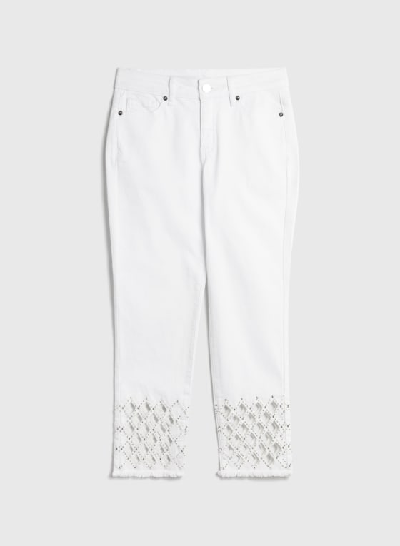 Embellished Cutout Detail Jeans, White