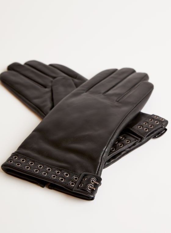 Eyelet Detail Leather Gloves, Black