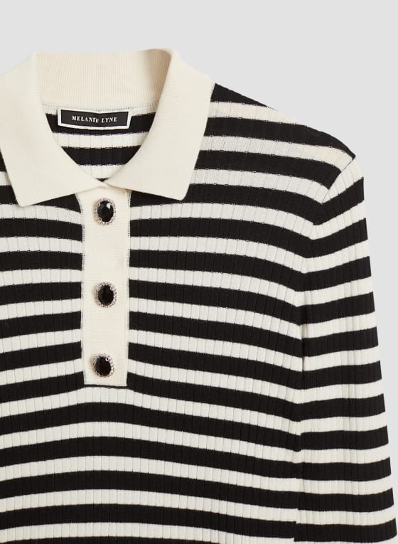 Striped Jewel Button Polo Sweater, Black & White