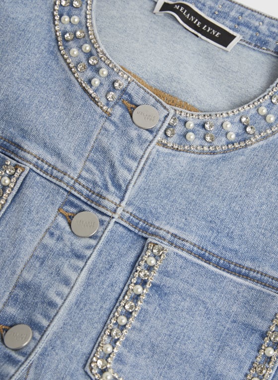 Short Pearl Detail Denim Jacket, Blueberry