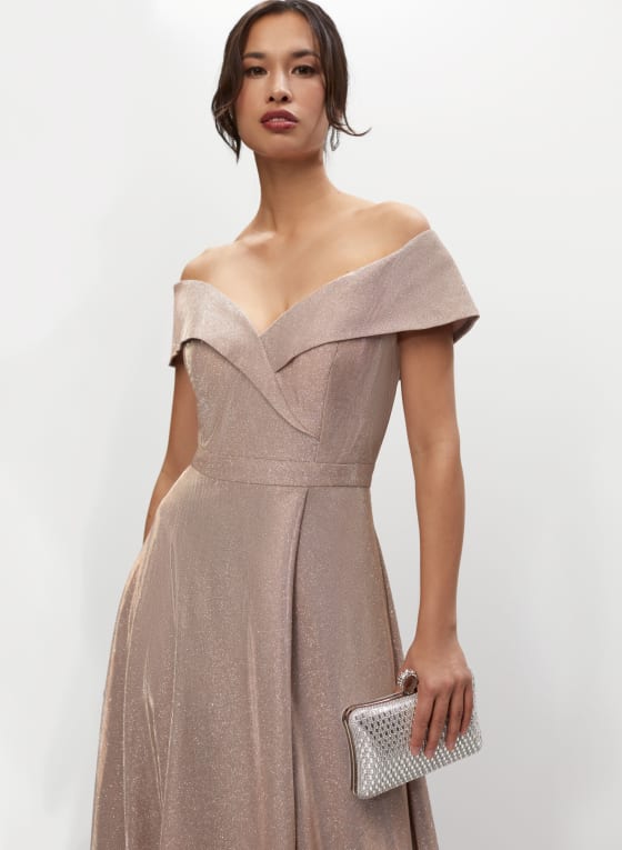 BA Nites - Off-the-Shoulder Glitter Gown, Peony Pink