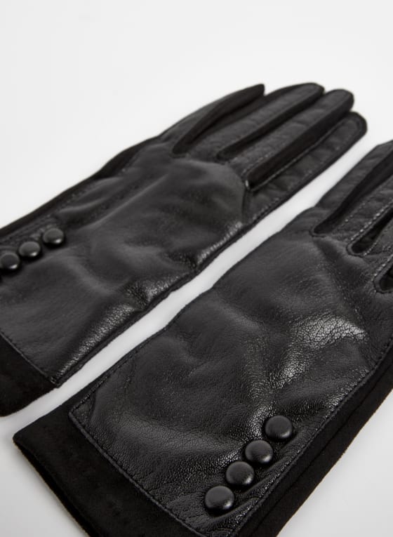 Button Detail Faux Suede Gloves, Black
