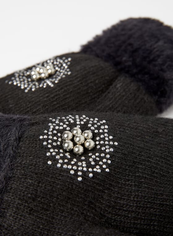 Snowflake Appliqué Wool Blend Mittens, Black