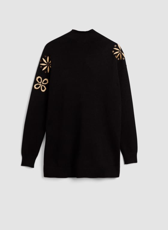 Embroidered Funnel Neck Tunic Sweater, Black