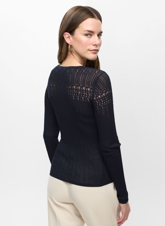 U-Neck Long-Sleeve Pointelle Knit Sweater