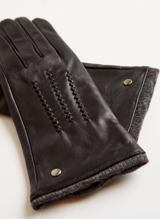 Stitch Detail Leather Gloves, Black