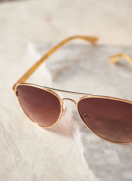Wire-Frame Aviator Sunglasses, Gold