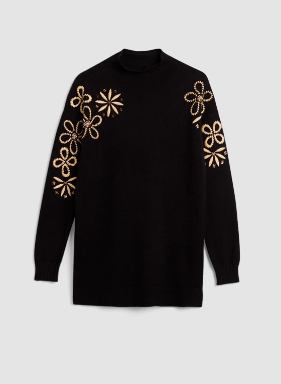 Embroidered Funnel Neck Tunic Sweater, Black