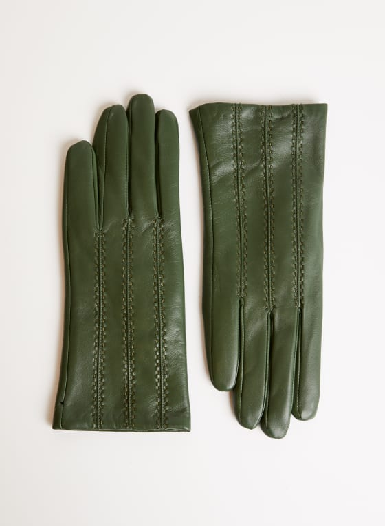 Vertical Stitch Leather Gloves, Mint Green