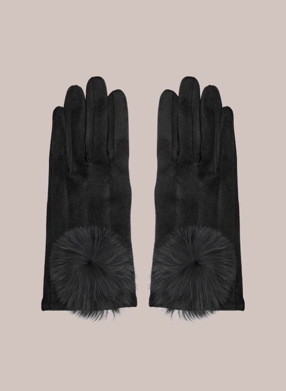Large Pompom Faux Suede Gloves, Black
