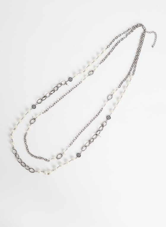 Collier à double rang en chaîne et perles, Blanc perle