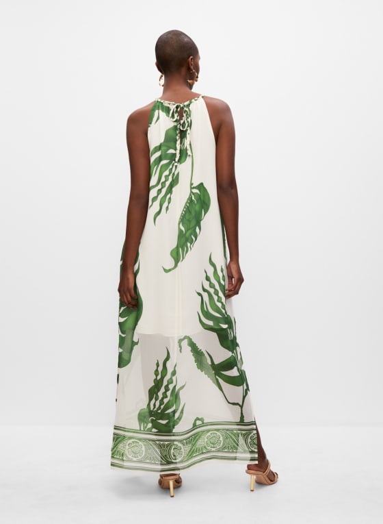 Leaf Print Maxi Dress, White Pattern