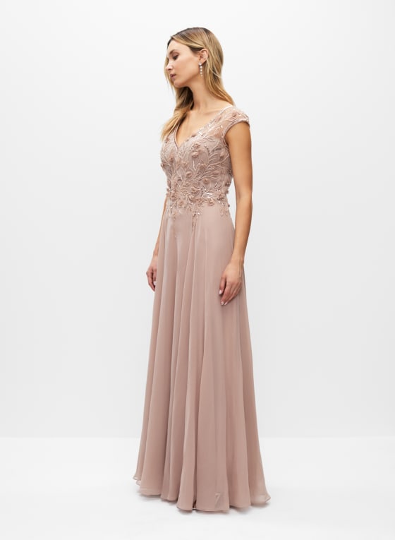 BA Nites - Beaded Floral Detail Gown, Camel