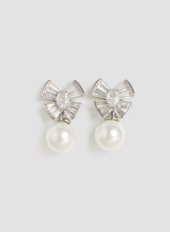 Boucles d'oreilles à perle et baguettes de cristal, Blanc perle