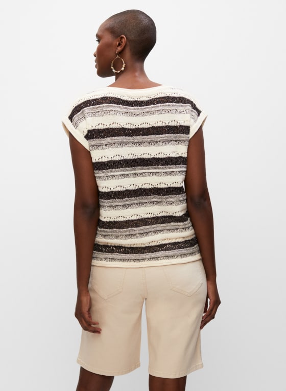 Striped Pointelle Knit Sweater, White Pattern