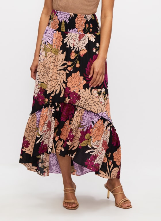 Floral Asymmetric Long Skirt, Multicolour