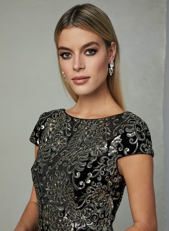 Adrianna Papell - Floral Sequin Dress, Black Pattern