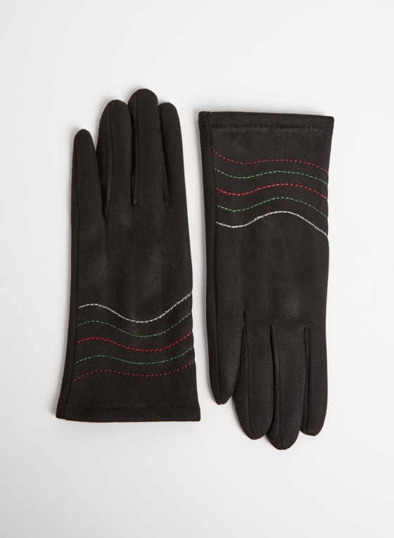 Stitch Detail Faux Suede Gloves, Black Pattern