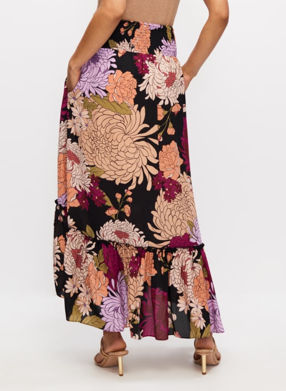 Jupe longue à taille froncée et motif floral, Multicolore
